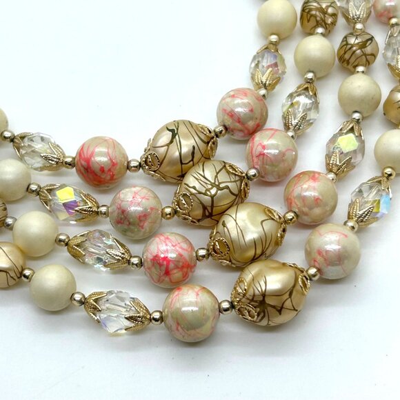 Vintage 4-Strand Japan Necklace Pink Swirled Beads Glass Acrylic Gold-Tone 1950s - Picture 10 of 16
